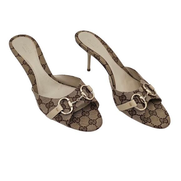 Gucci GG Logo Monogram Canvas Horsebit Mule Heel Size 9.5 Beige Brown Silver - Picture 1 of 9